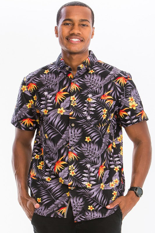 Weiv Mens Print Hawaiian Button Down Shirt