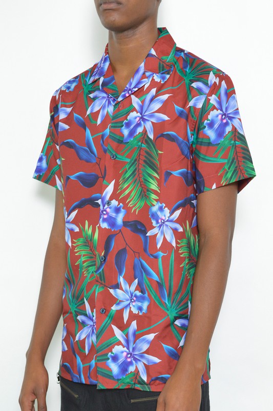 MENS TROPICAL RED BUTTON DOWN SHIRT PRINT