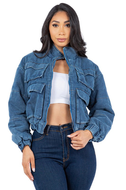 SEXY FASHION DENIM PUFFER JACKET