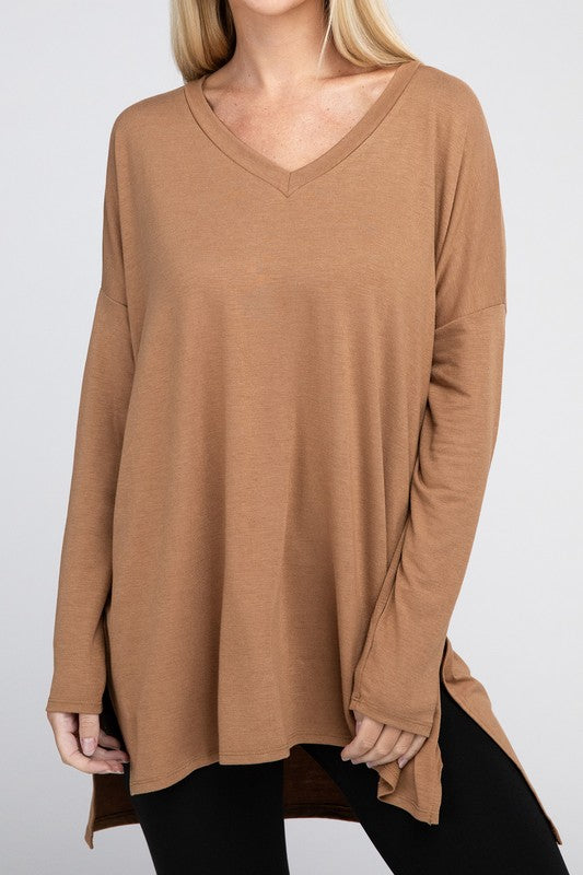 Dolman Long Sleeve V-Neck Side Slit Hi-Low Hem Top