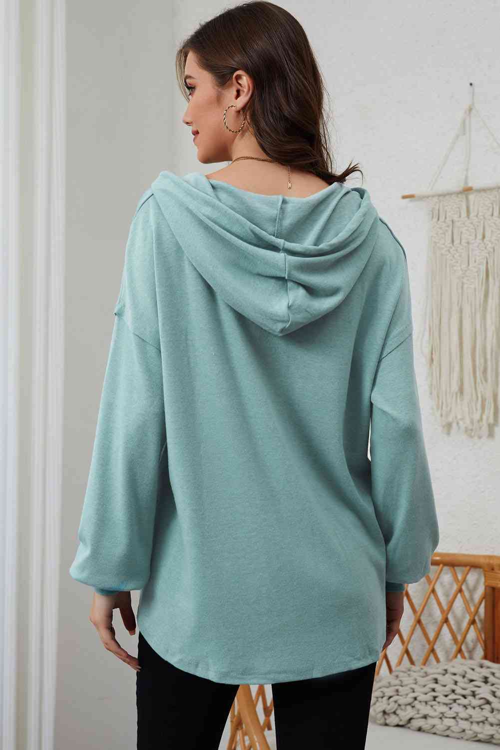 Full Size Buttoned Drop Shoulder High-Low Hoodie