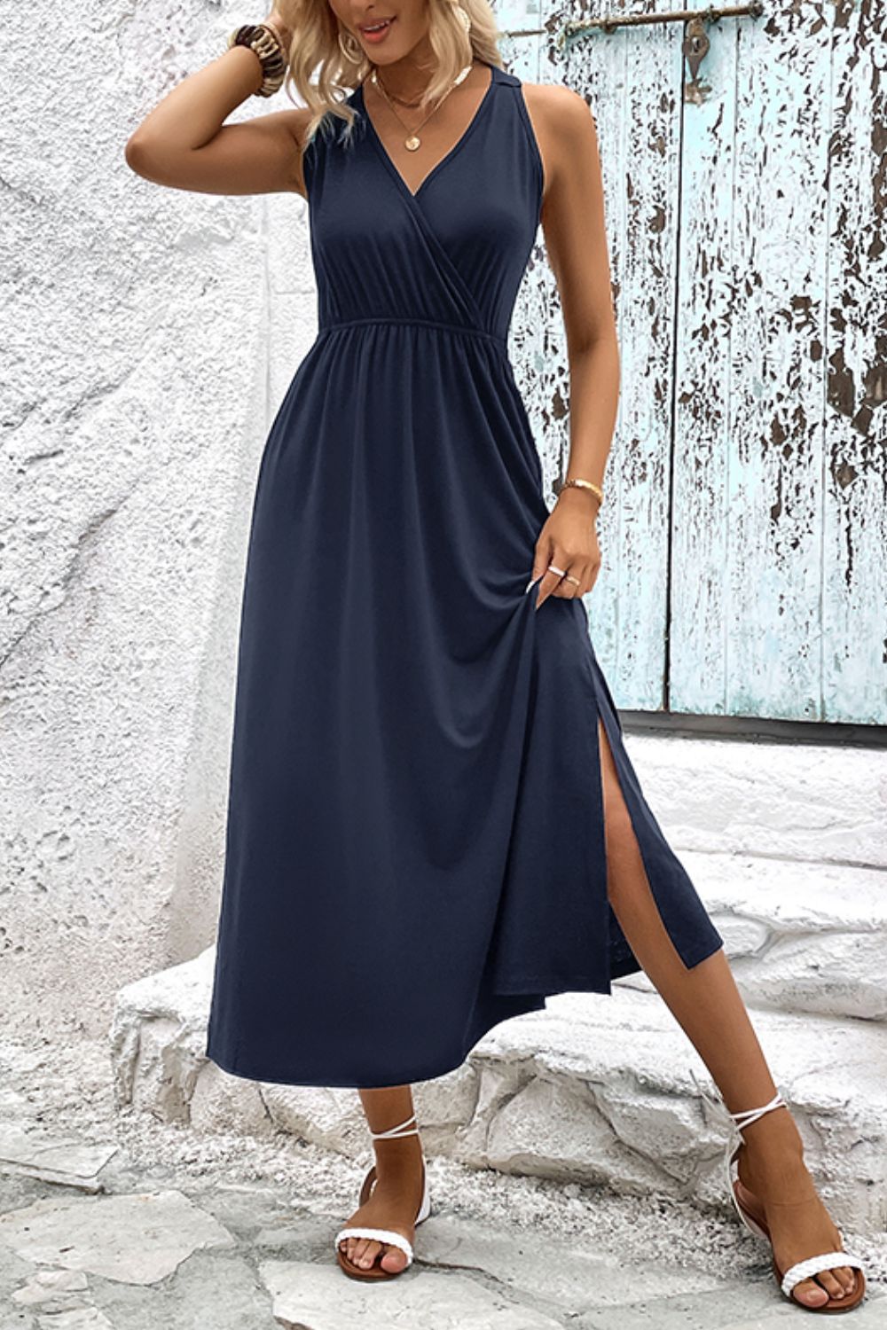 Surplice Neck Slit Sleeveless Dress