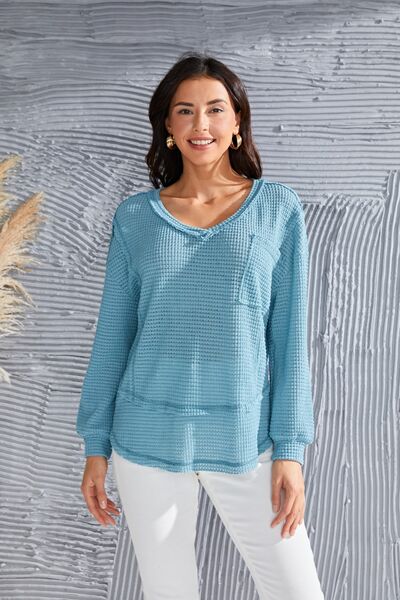 Waffle-Knit V-Neck Blouse with Breast Pocket