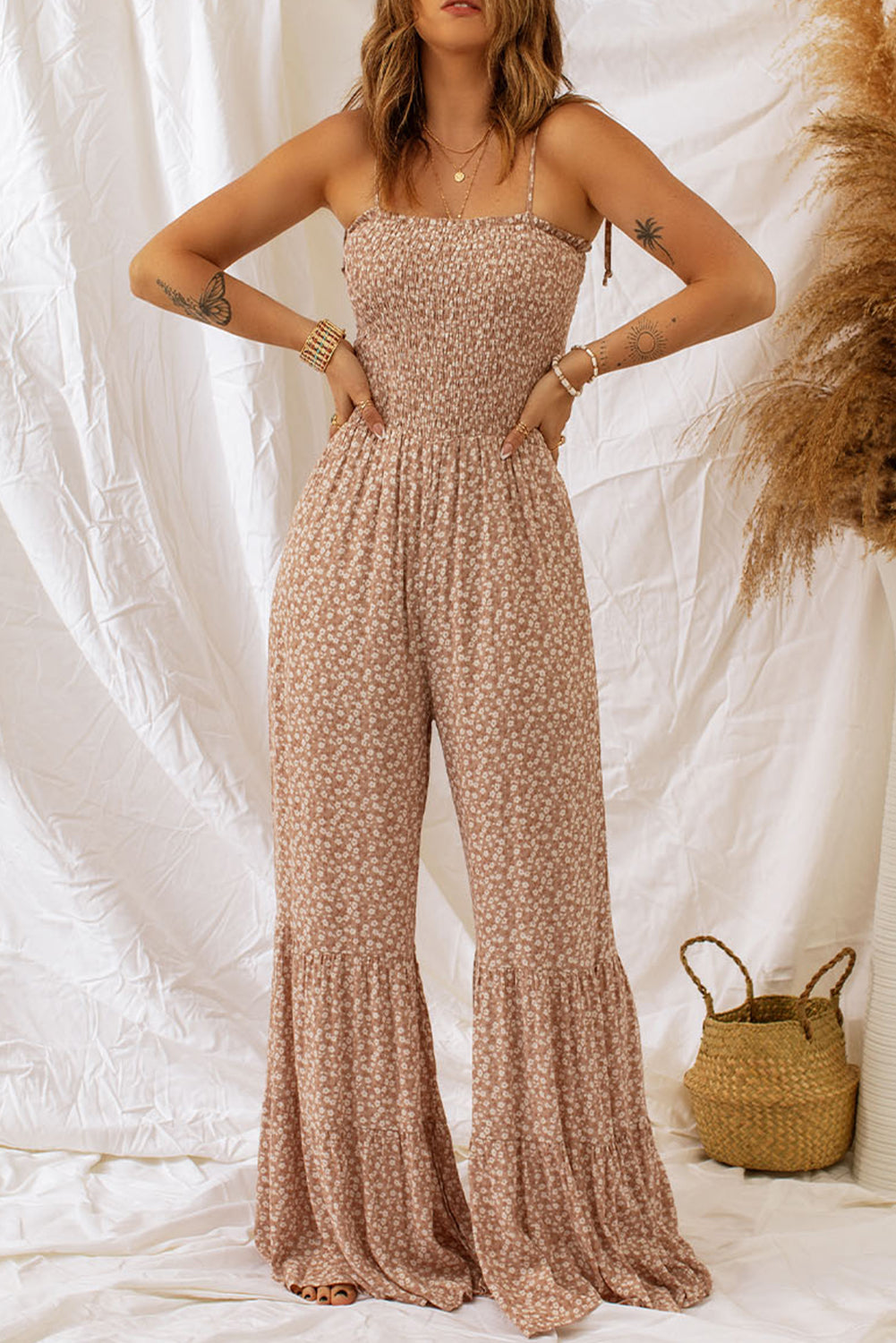 Floral Spaghetti Strap Smocked Wide Leg Jumpsuit