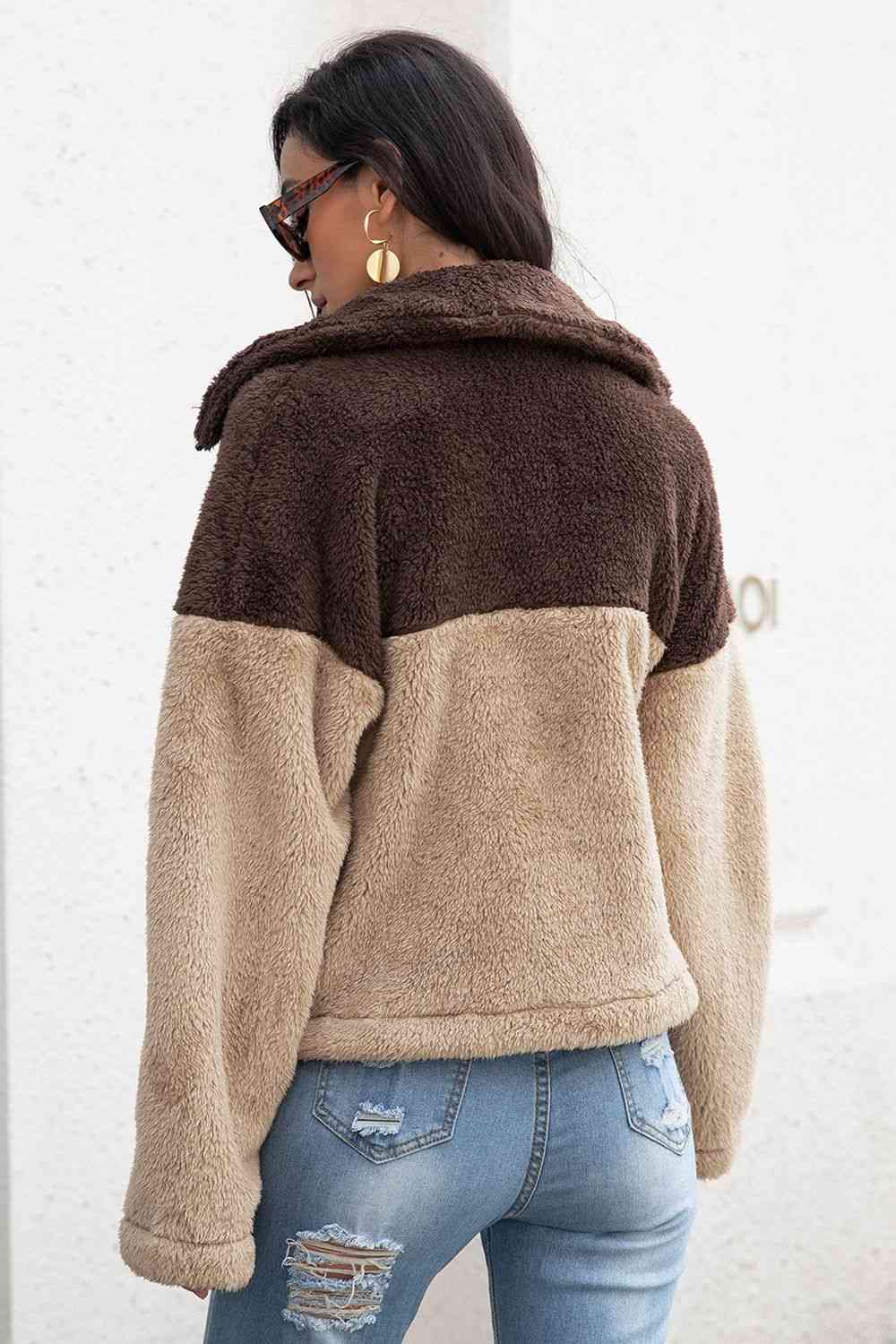 Two-Tone Collared Neck Fuzzy Jacket