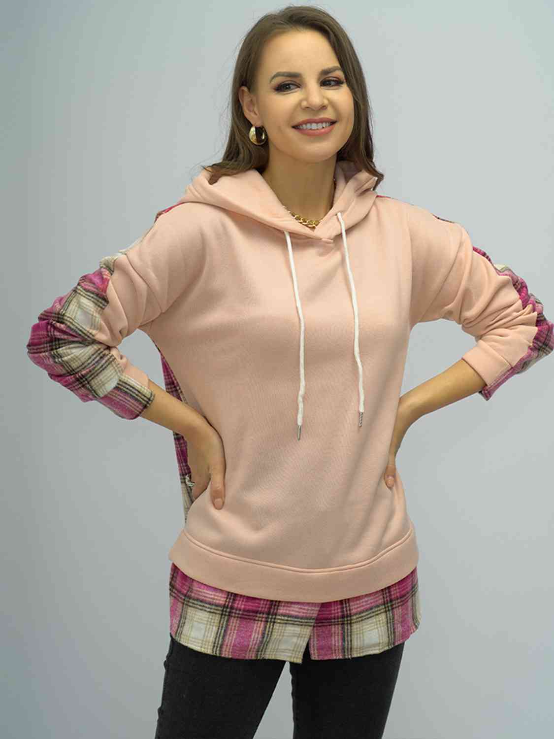 Plaid Drawstring Drop Shoulder Slit Hoodie