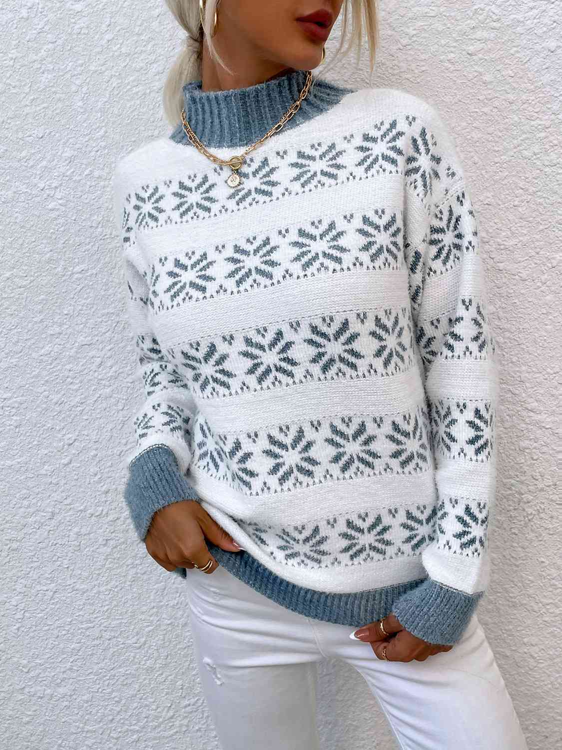 Snowflake Pattern Mock Neck Sweater