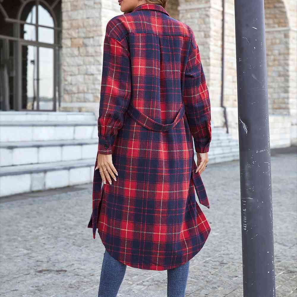 Double Take Plaid Belted Button Down Longline Shirt Jacket