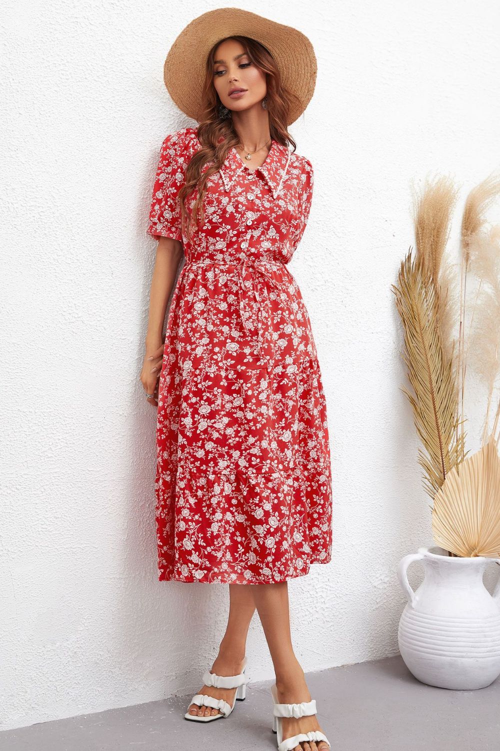 Floral Tie Waist Puff Sleeve Midi Dress