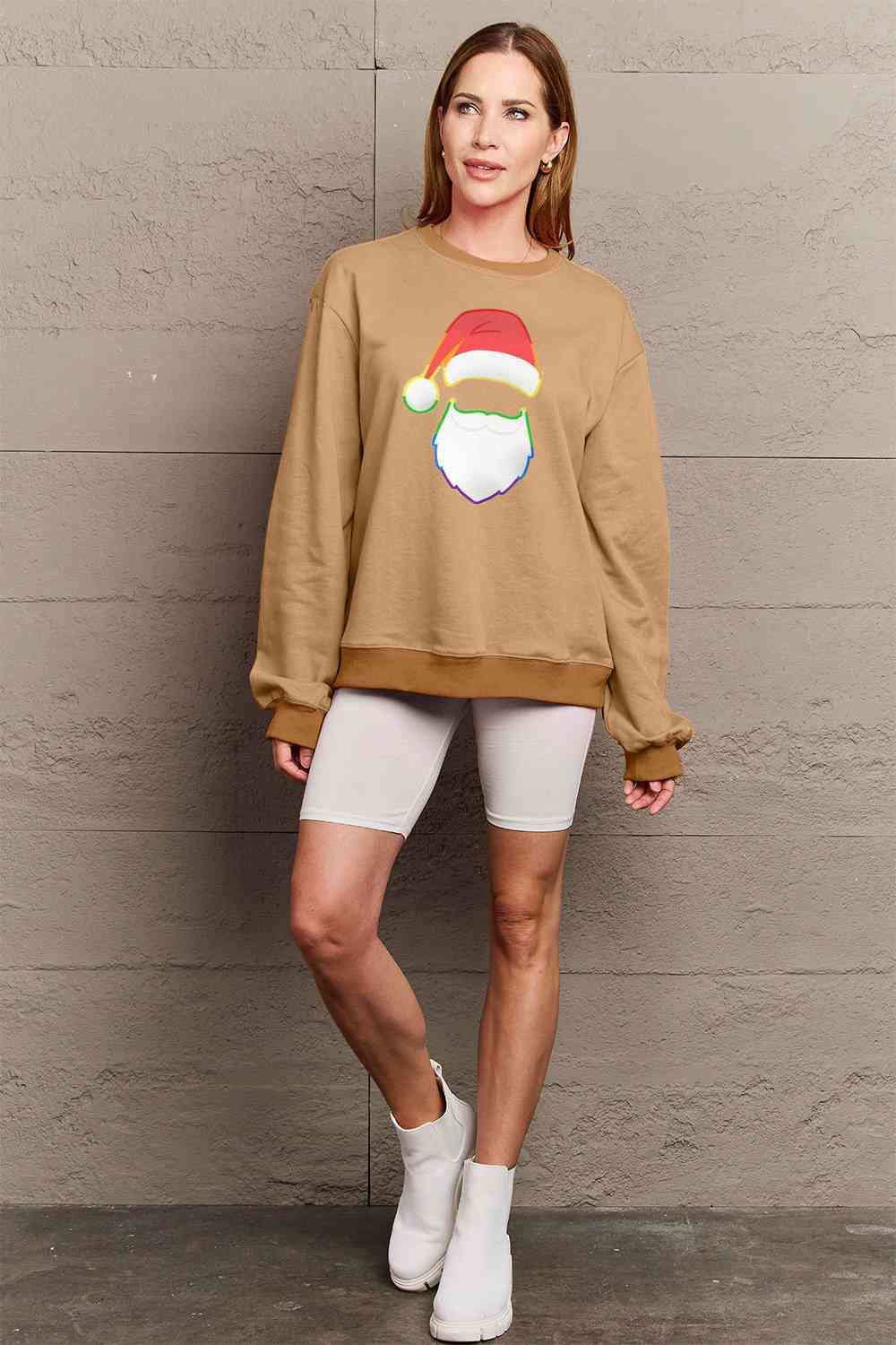 Simply Love Full Size Rainbow Santa Graphic Round Neck Sweatshirt