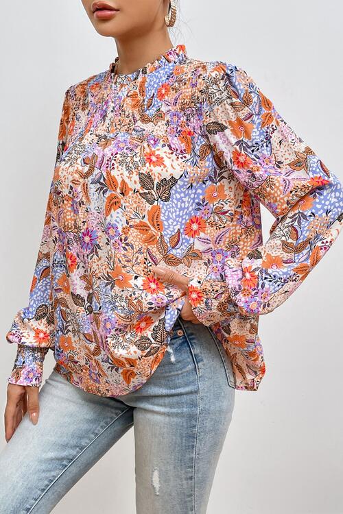 Multicolour Floral Print Sleeve Frilled Round Neck Blouse