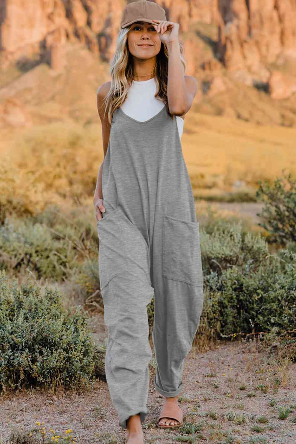 V-Neck Sleeveless Jumpsuit with Pocket