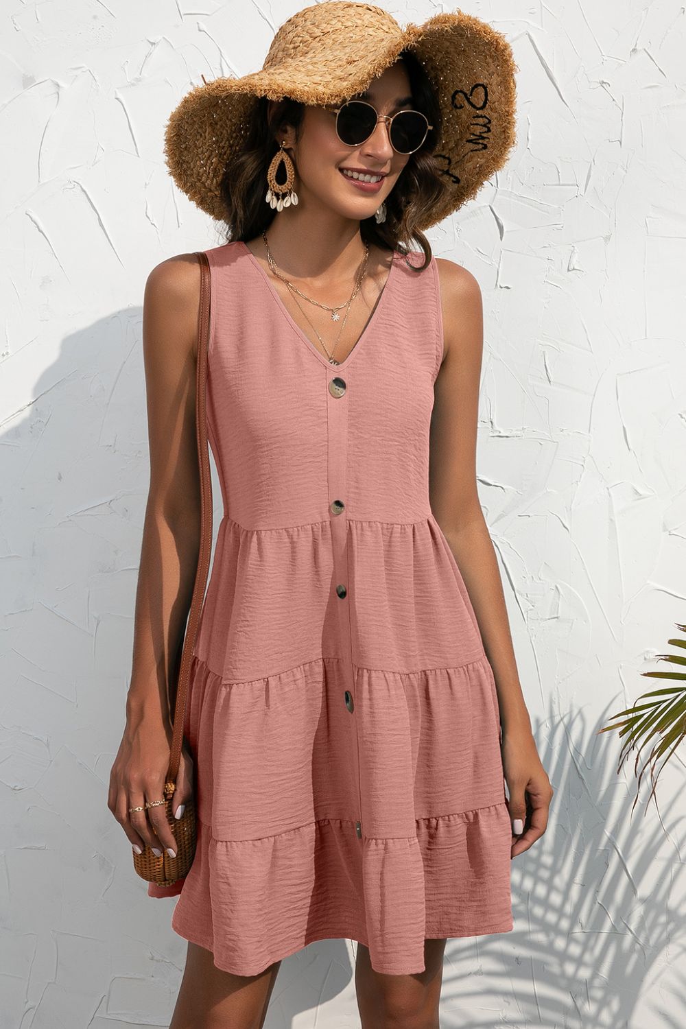 Button V-Neck Tiered Sleeveless Dress