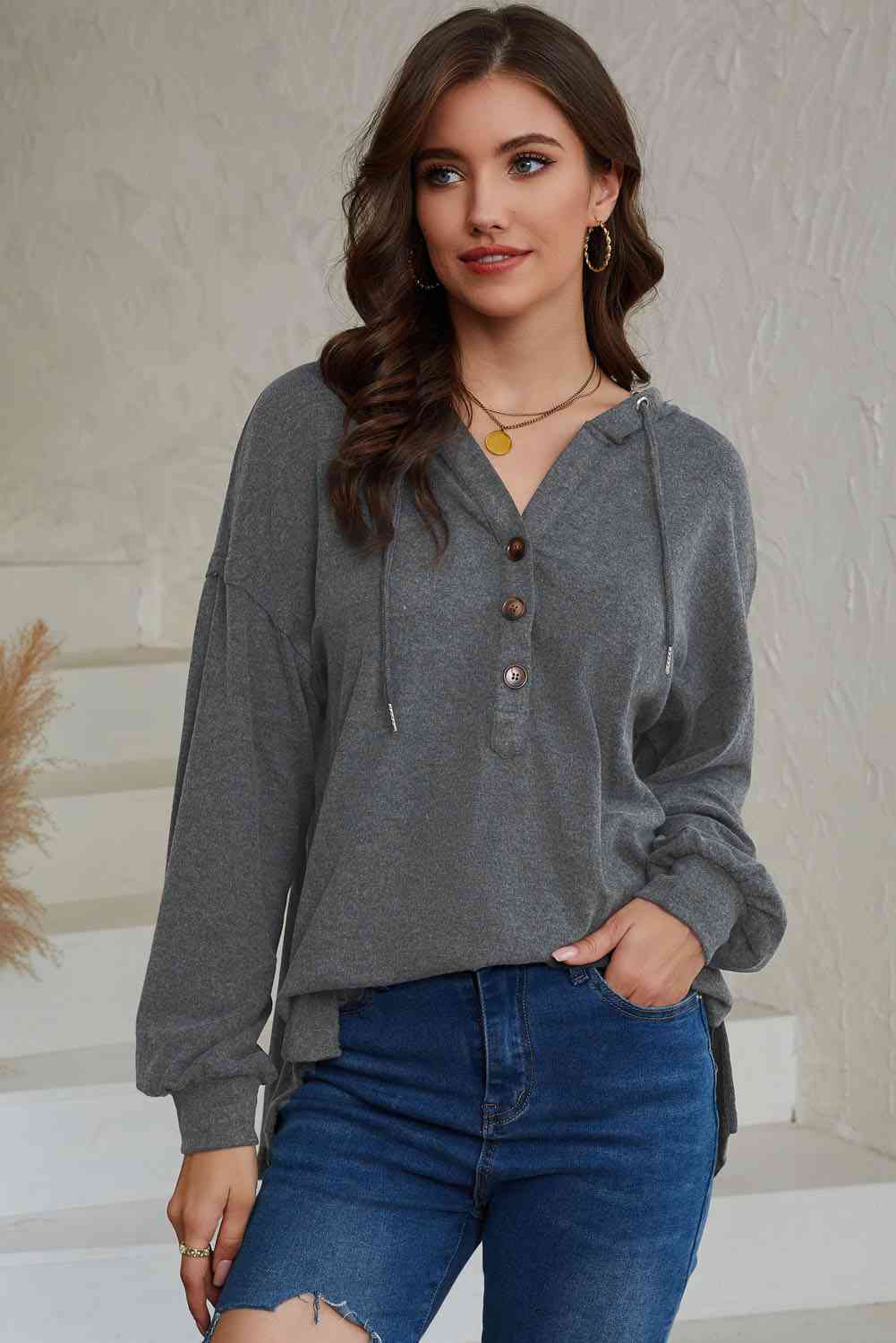 Full Size Buttoned Drop Shoulder High-Low Hoodie