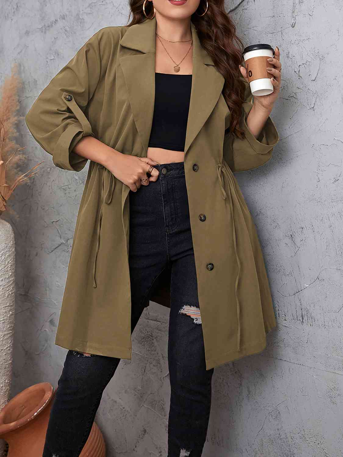 Plus Size Lapel Collar Drawstring Roll-Tab Sleeve Trench Coat