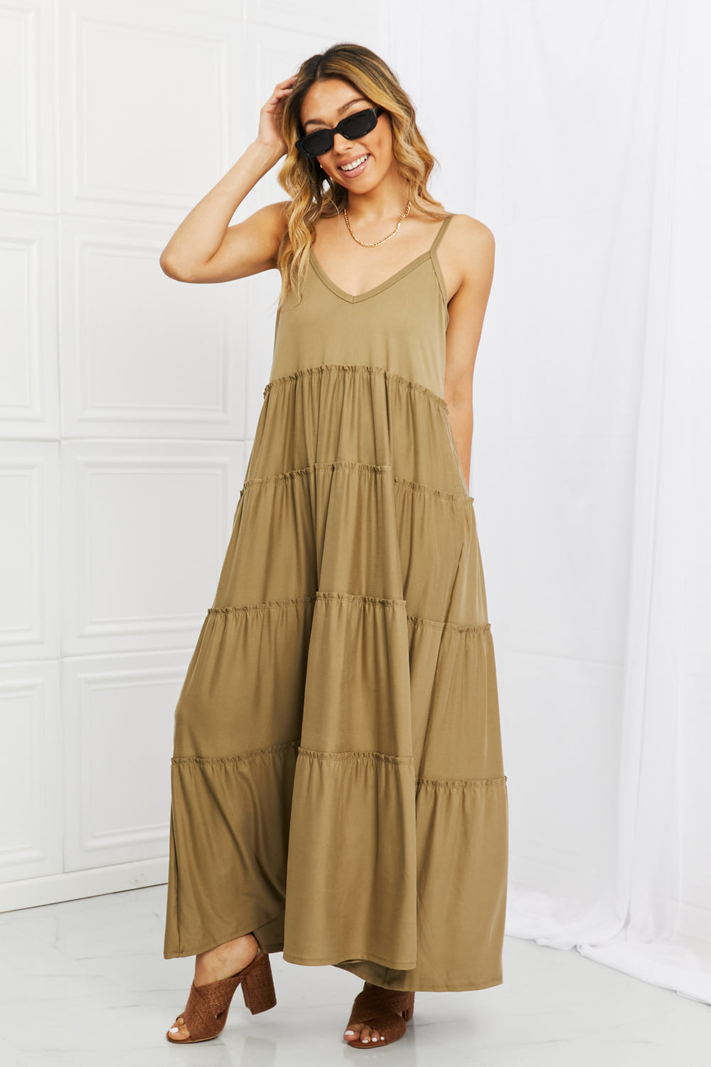 Zenana Spaghetti Strap Tiered Dress with Pockets