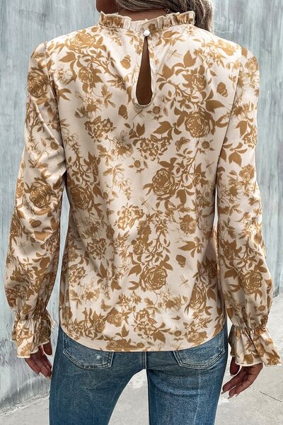 Floral Print Mock Neck Flounce Sleeve Blouse