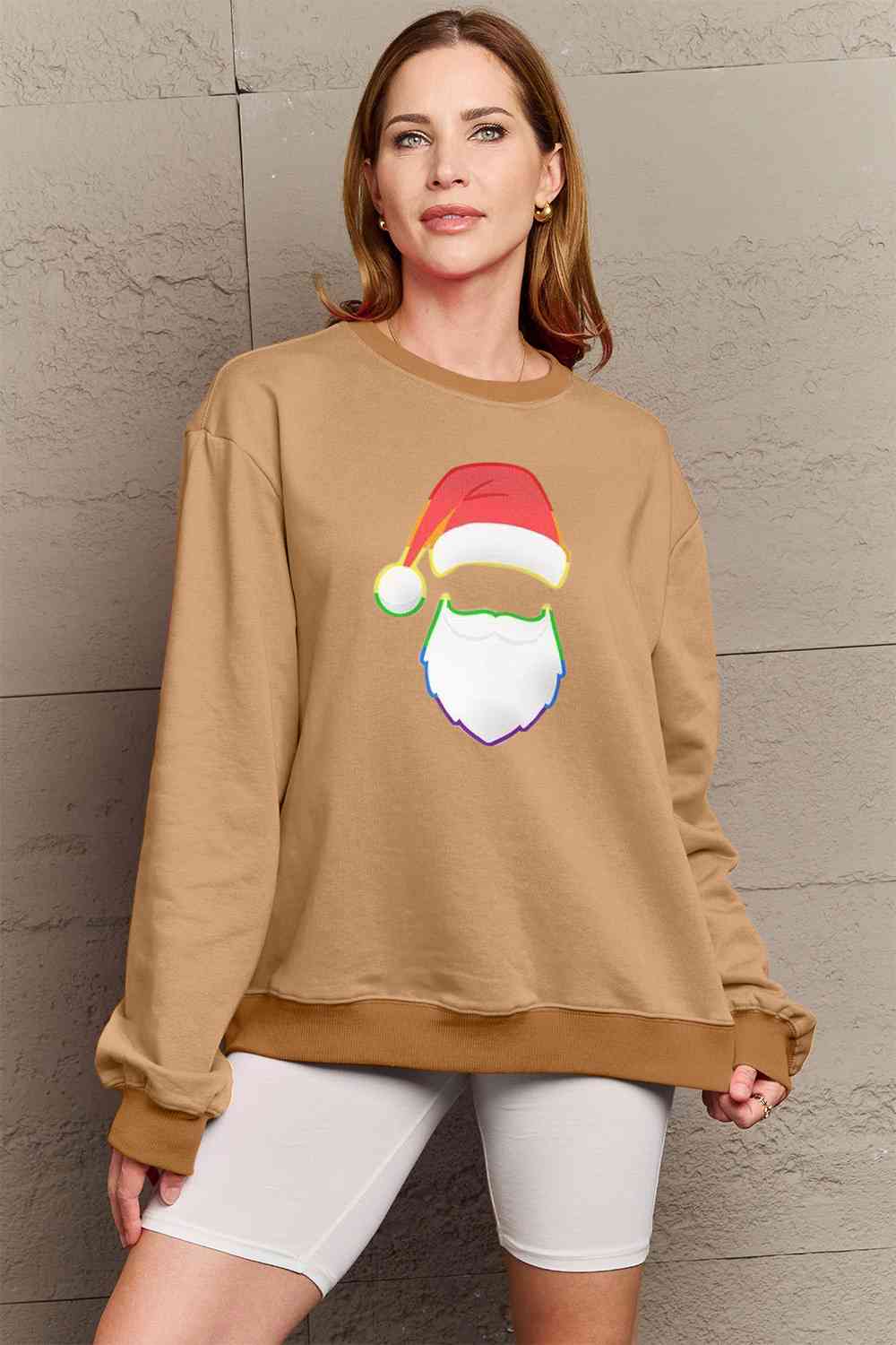 Simply Love Full Size Rainbow Santa Graphic Round Neck Sweatshirt