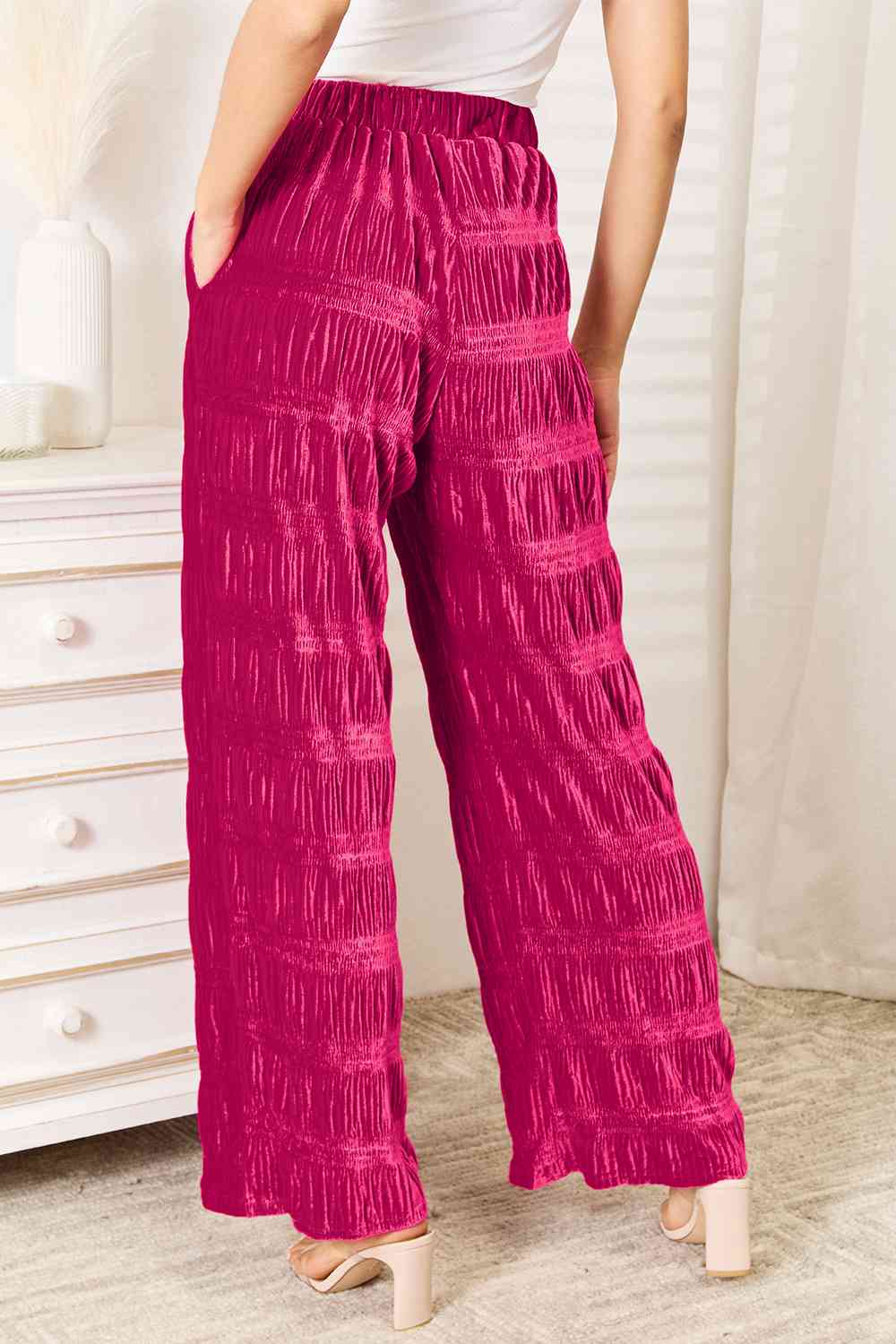 Double Take Full Size High Waist Tiered Shirring Velvet Wide Leg Pants