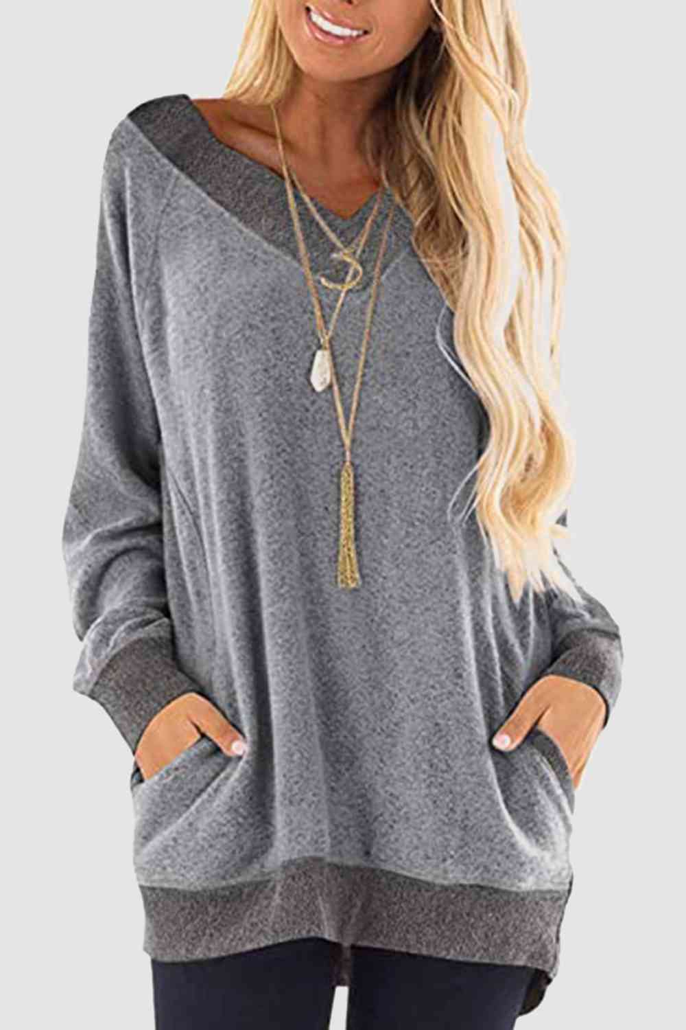 V-Neck Long Sleeve Sweatshirt with Pockets