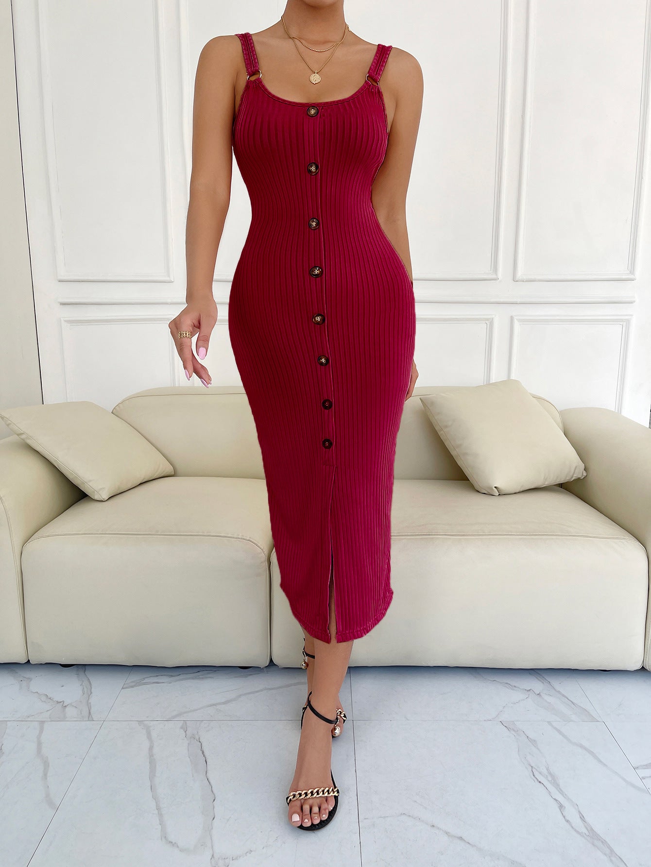 Button Slit Scoop Neck Sleeveless Dress