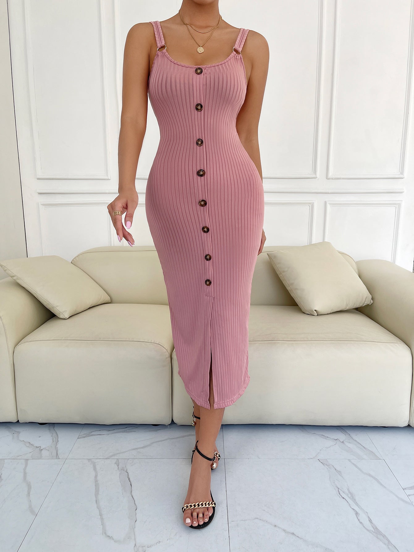 Button Slit Scoop Neck Sleeveless Dress