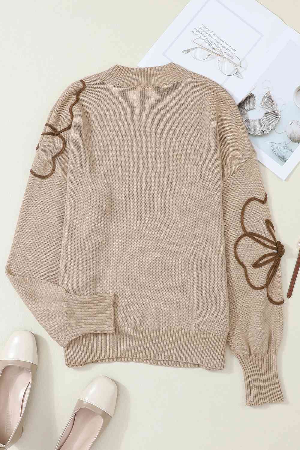 Floral Round Neck Drop Shoulder Sweater