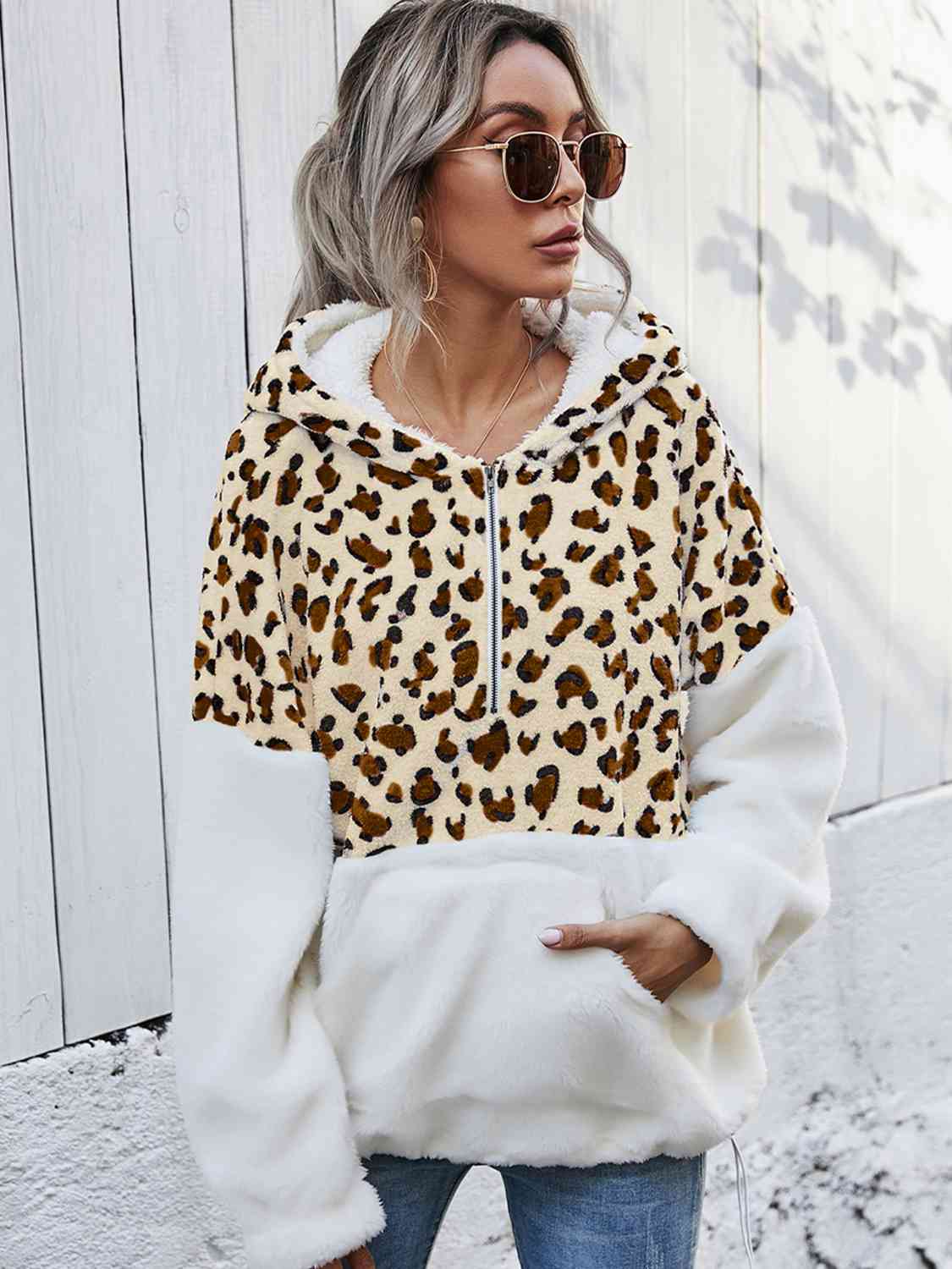 Leopard Half-Zip Dropped Shoulder Hoodie