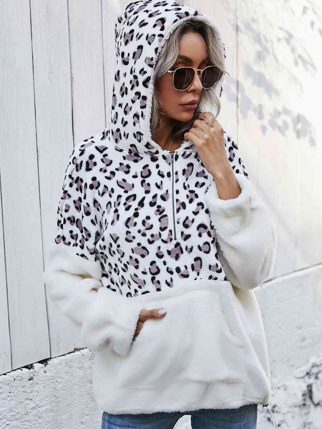 Leopard Half-Zip Dropped Shoulder Hoodie