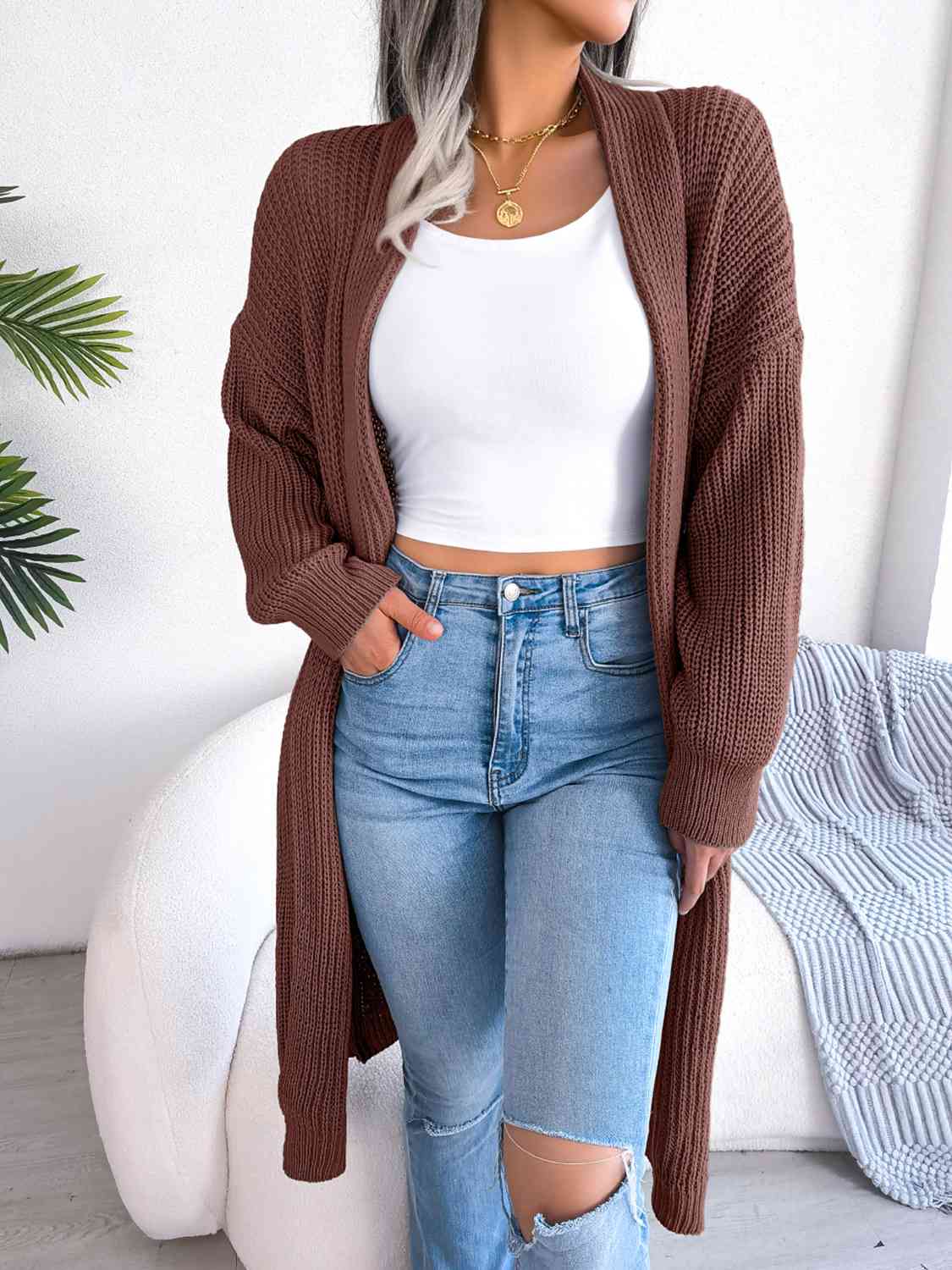 Open Front Dropped Shoulder Longline Cardigan