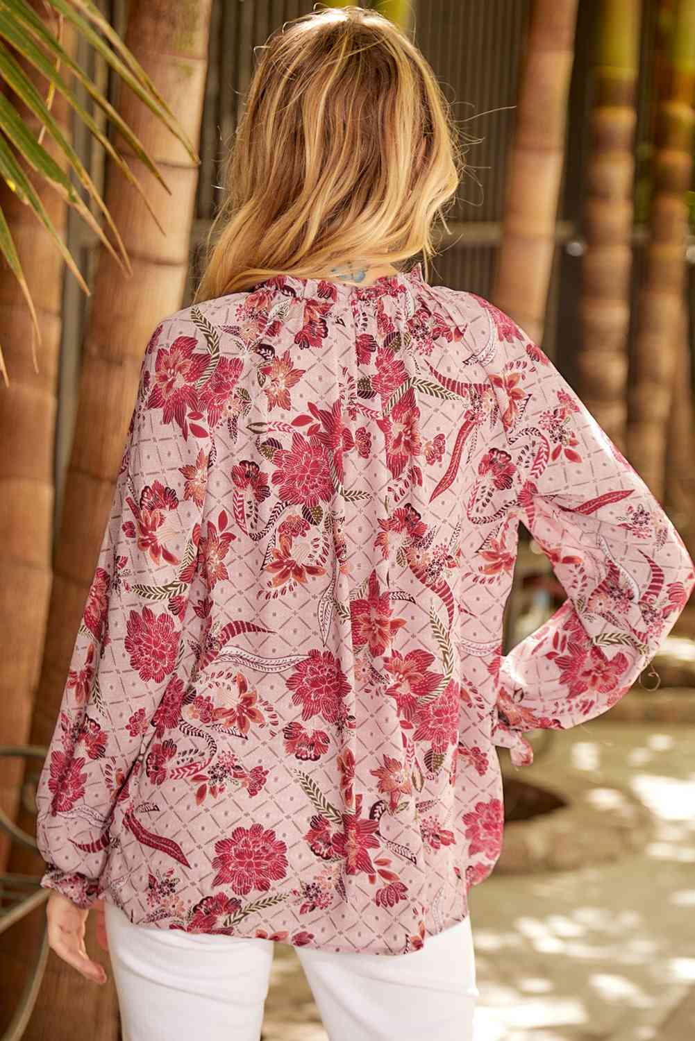 Floral Tie Neck Flounce Sleeve Blouse