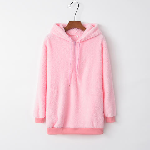 Full Size Quarter-Zip Drawstring Teddy Hoodie