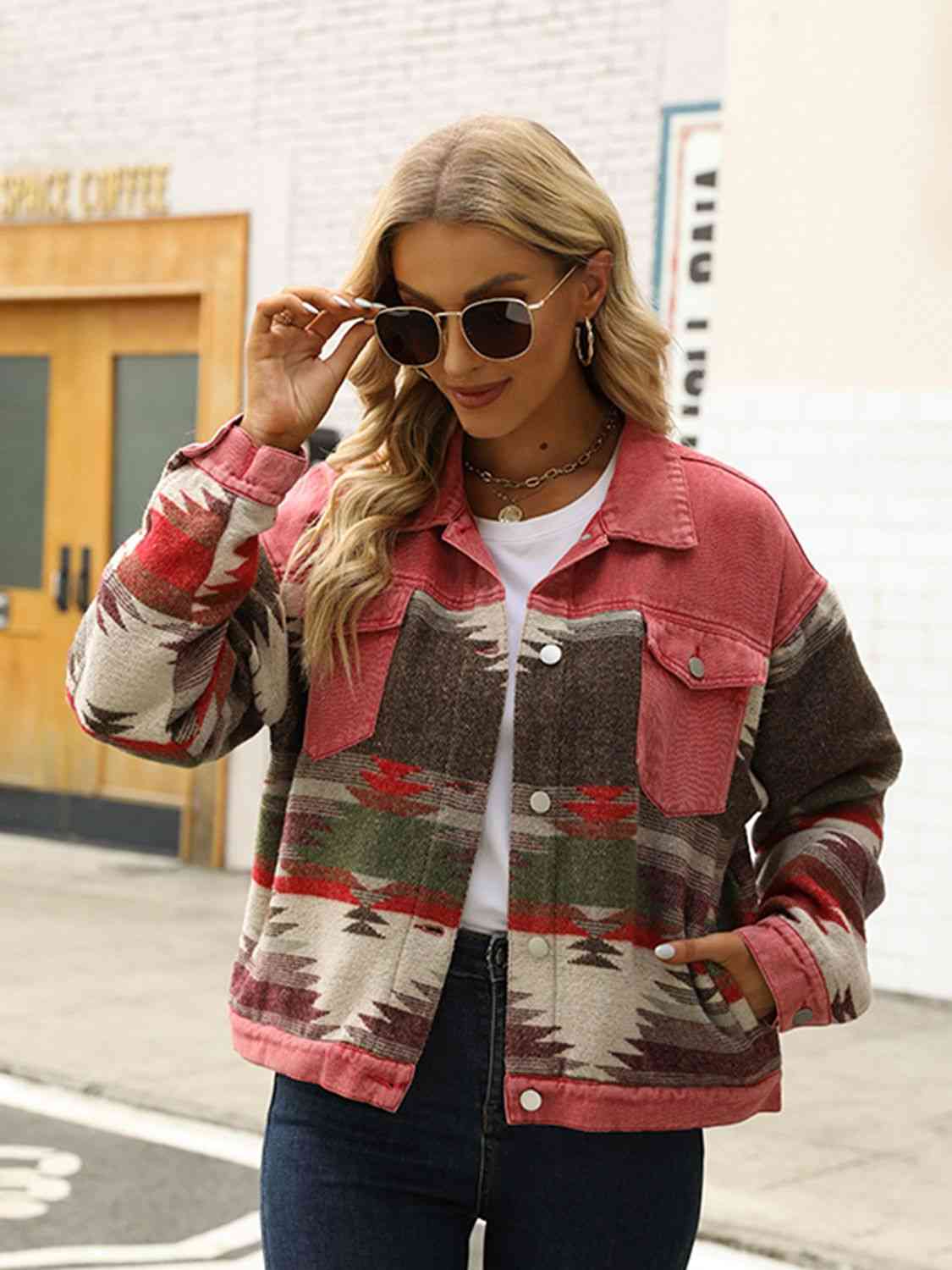 Printed Dropped Shoulder Long Sleeve Denim Jacket