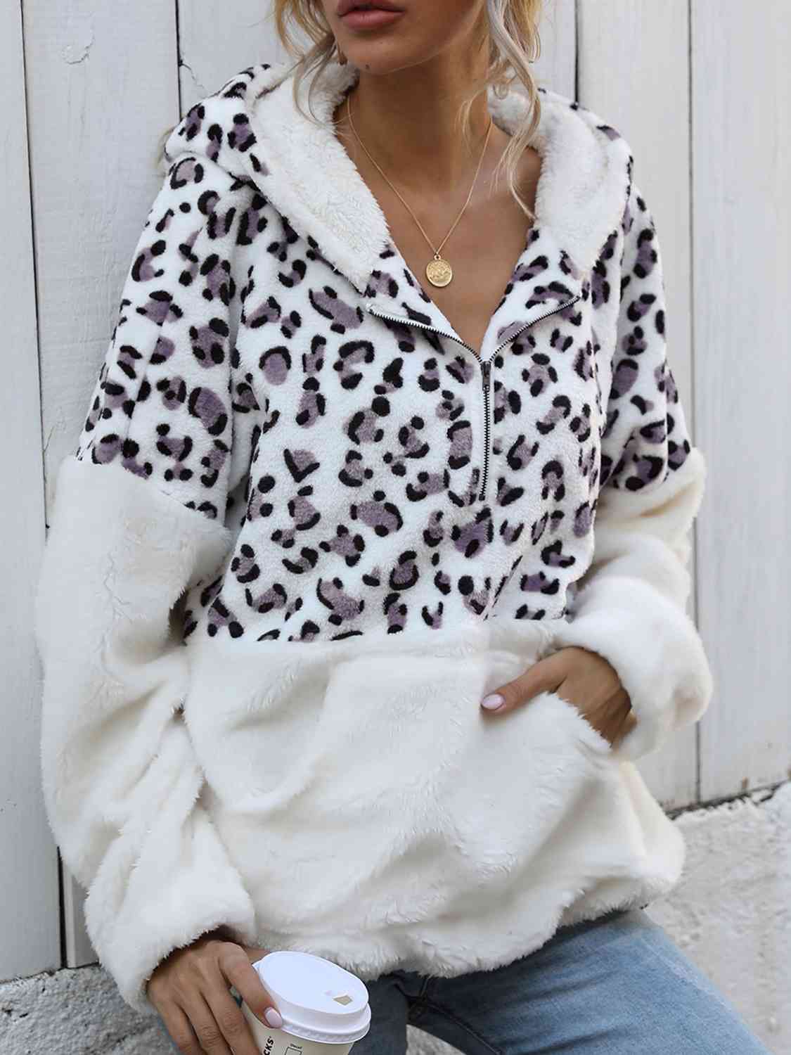 Leopard Half-Zip Dropped Shoulder Hoodie